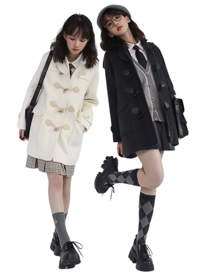 College Style Horn Button Coat Wool Coat