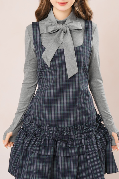 ダークフレンチフリルチェックノースリーブドレス+シャツ