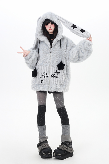 Bunny Ear Fur Hooded Coat