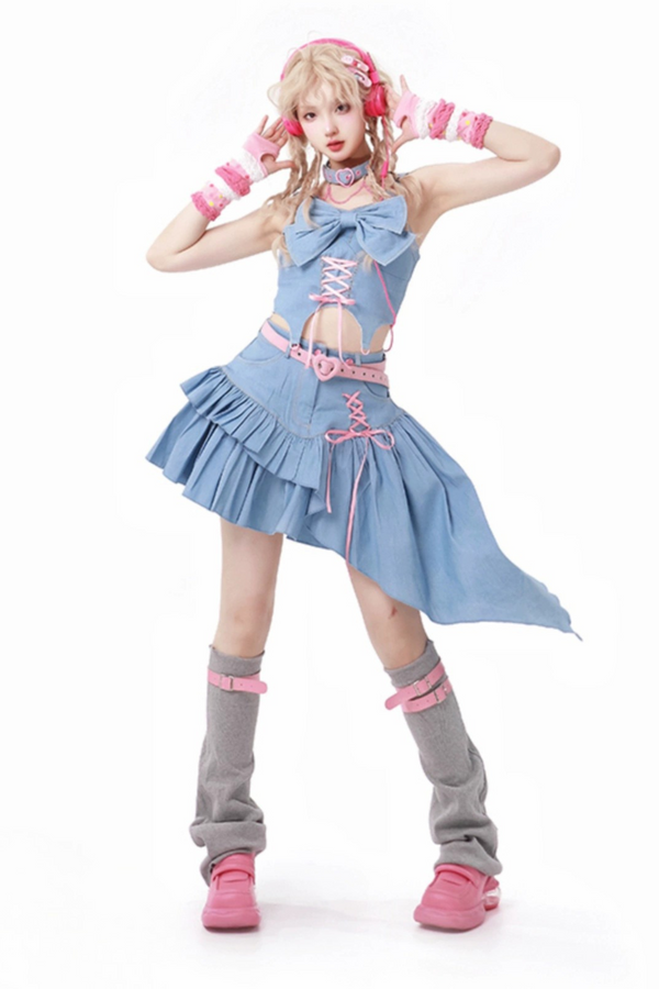 Y2Kデニムレースアップトップス+アシメフリルスカート