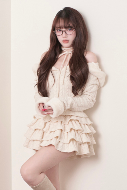 ケーブルニットトップス+ティアードスカート