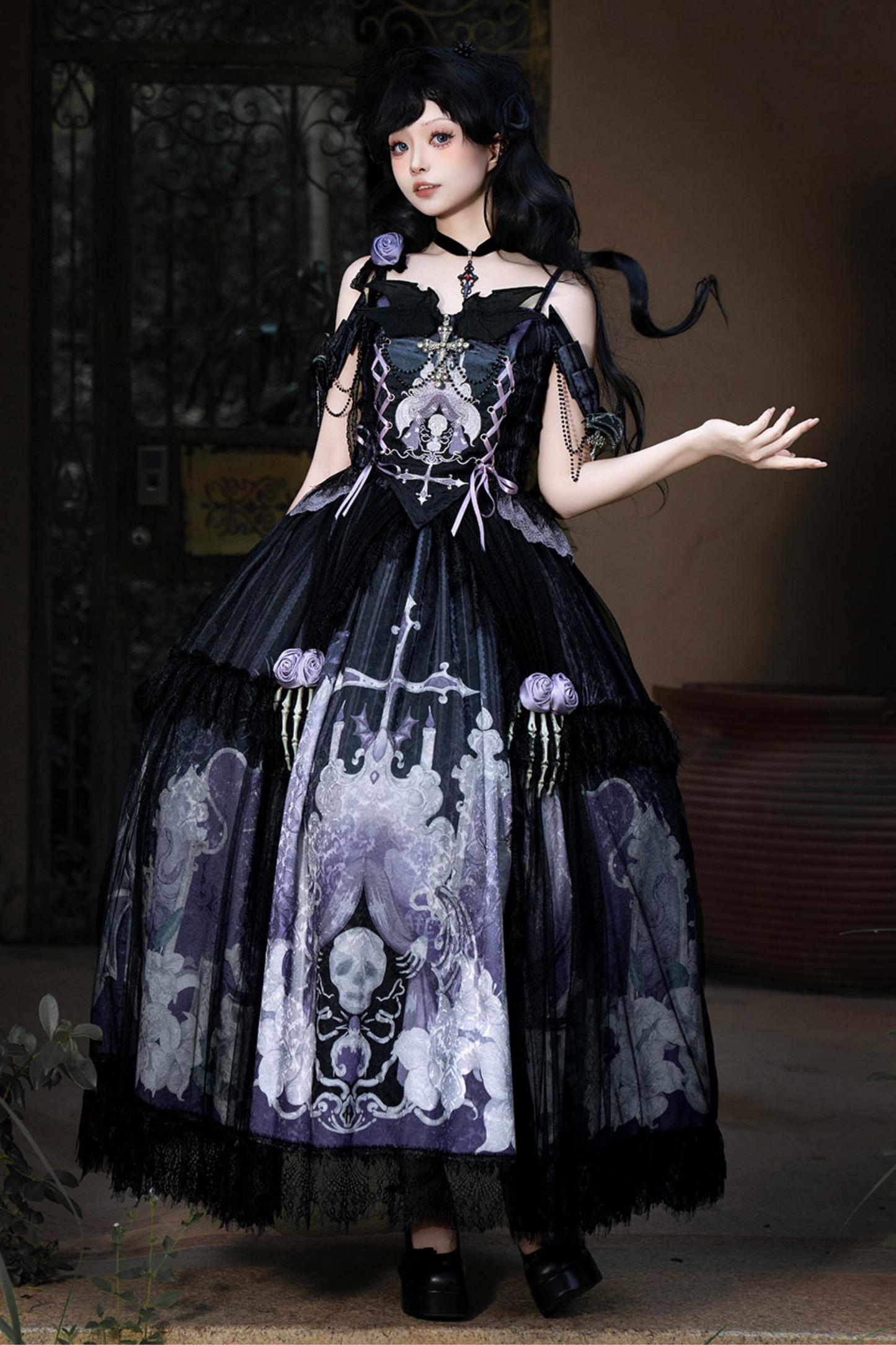 Gothic style dark camisole top + dark chic skull skirt