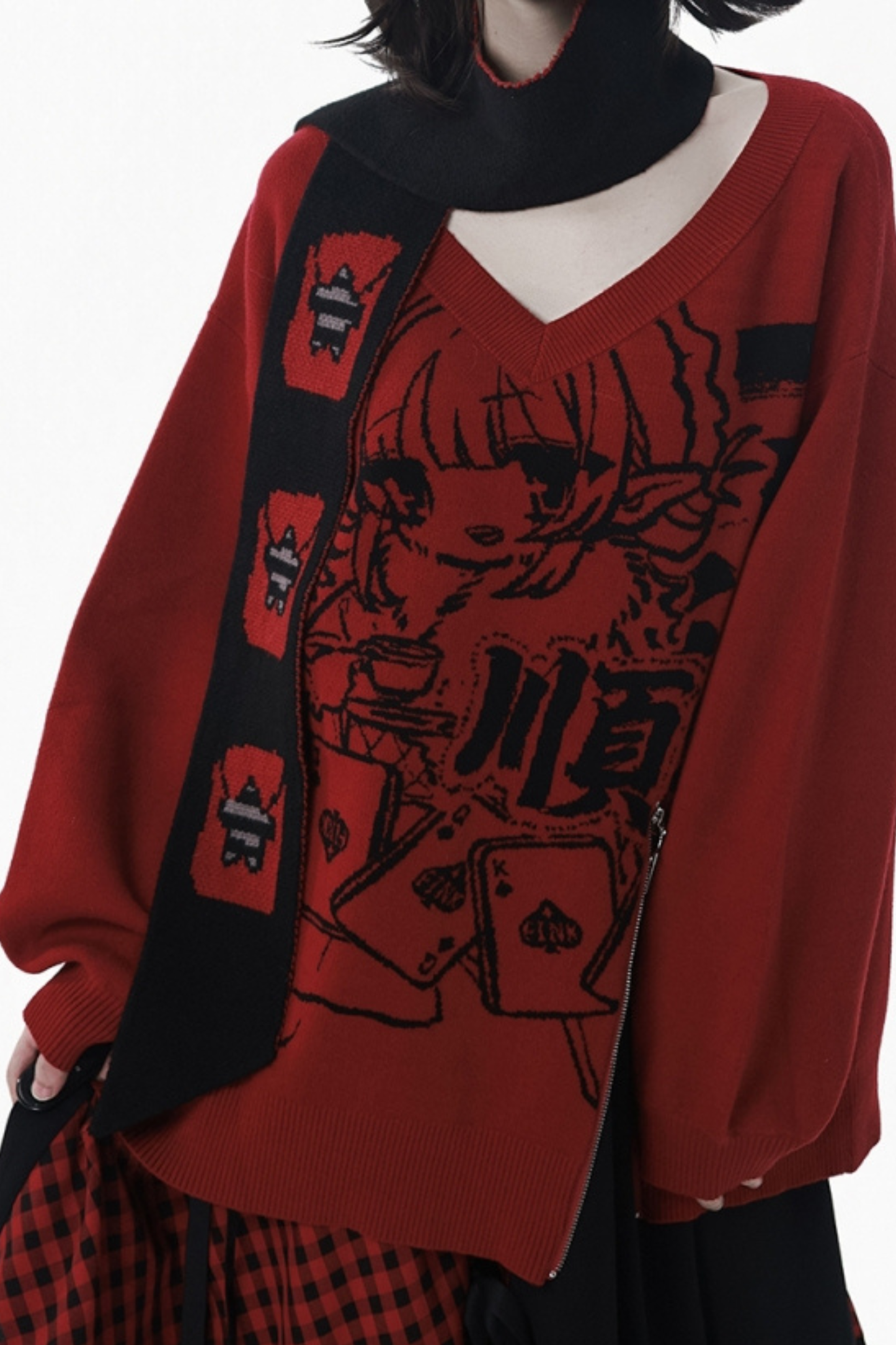 モードVネックニット+キュロット+スカート+レッグカバー+スカーフ