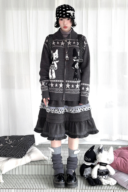 Y2K Jacquard Cardigan + Flare Skirt