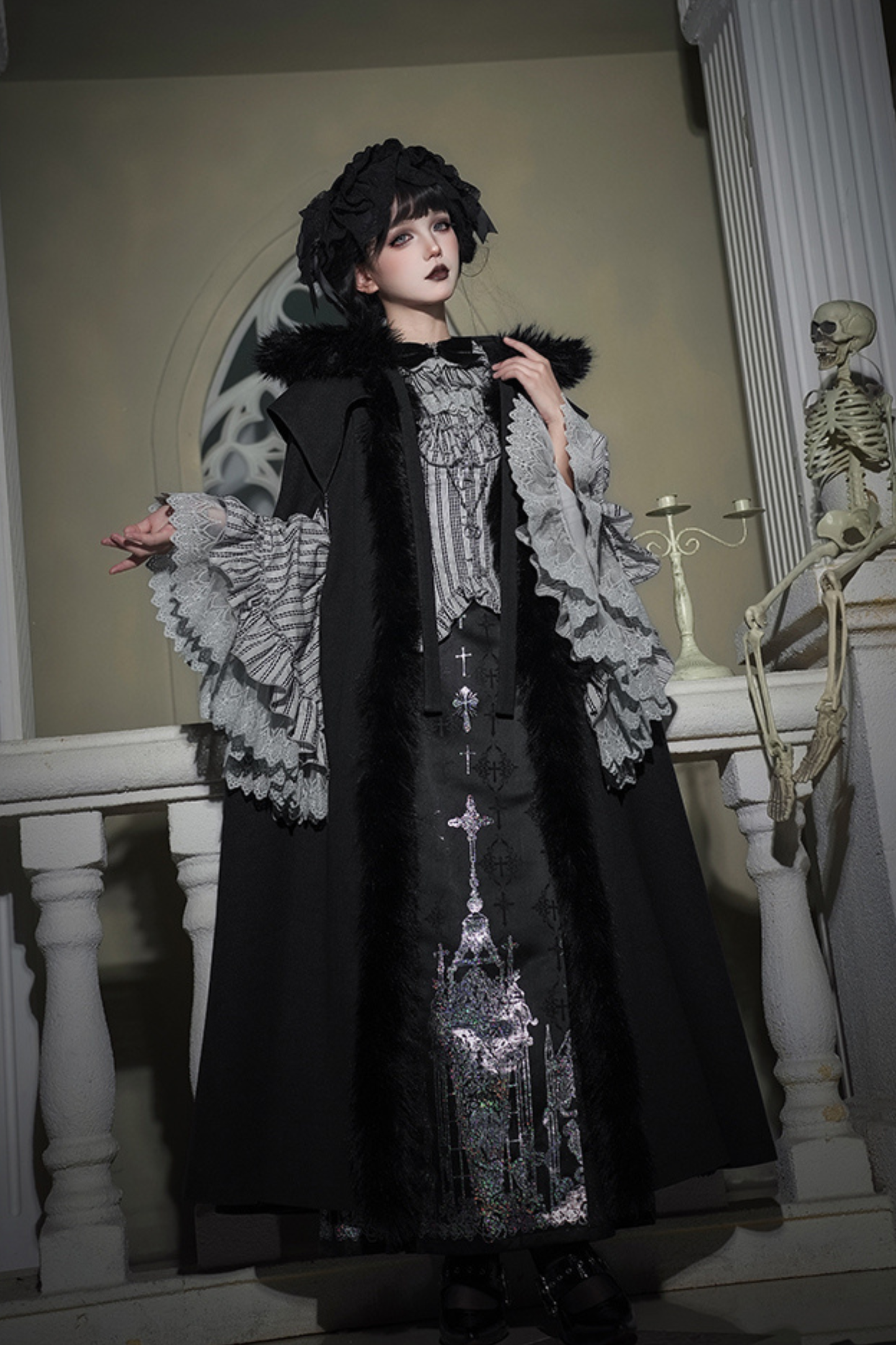 ダークゴシックフリースフードマント