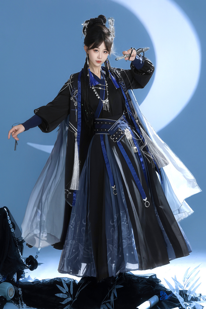 Dark china hooded top + belt + cape + necklace + skirt