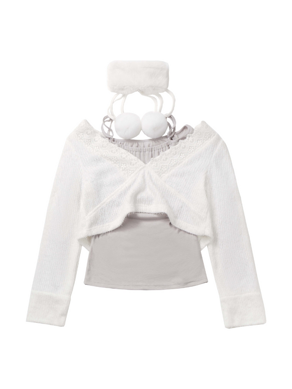 White Lovers Wool Fur Coat Check Suspenders Skirt + Snowball Short Top Fur Shorts Suit