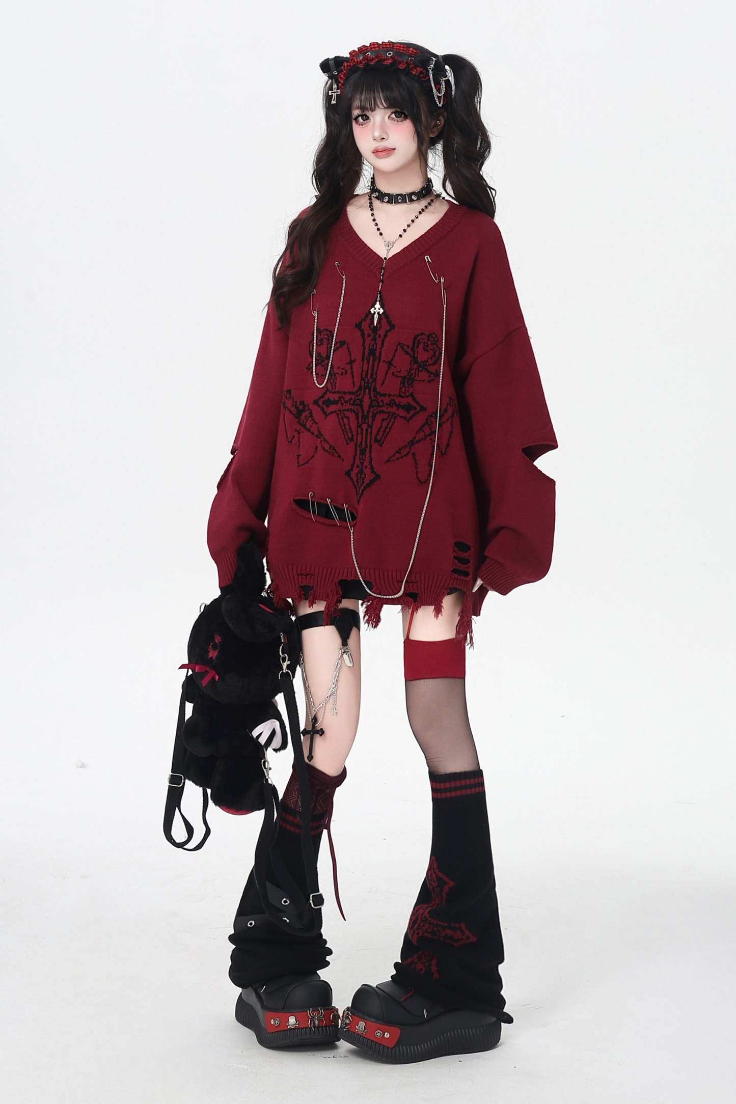 ゴシックライトアジアンVネックニッチルーズセーター