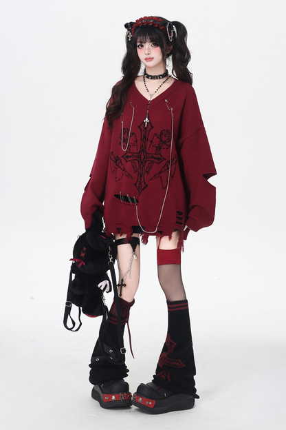 ゴシックライトアジアンVネックニッチルーズセーター