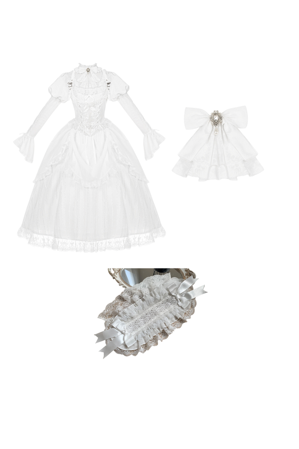 White gothic gemini Lolita dress + corset + ribbon + hair band + veil