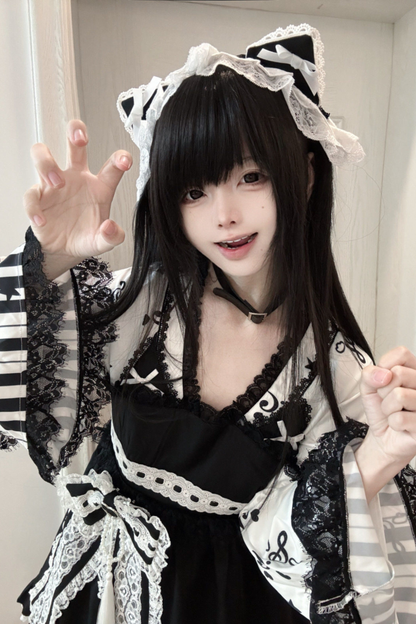 キャットダークエンジェルレースフローラルドレス+ヘアバンド