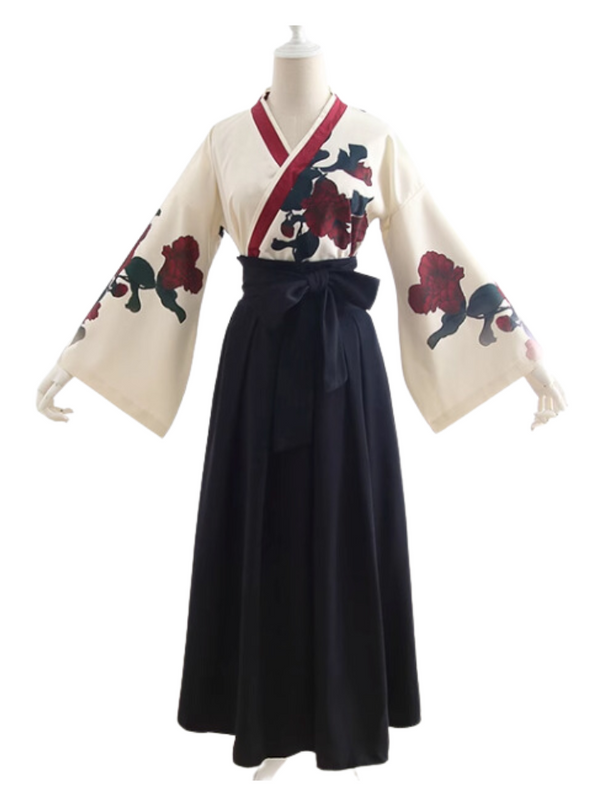 Japanese floral print kimono shirt + ribbon hakama style skirt