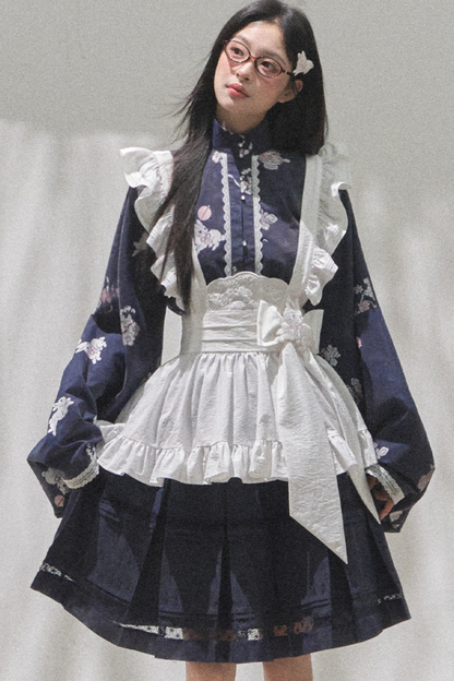 レトロスタンドカラーショートトップス+ミディアムスカート