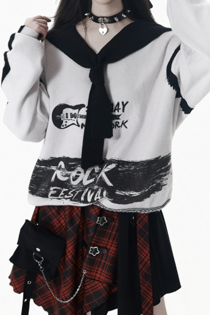 Dark Loose Sweater + Checked Asymmetrical Skirt