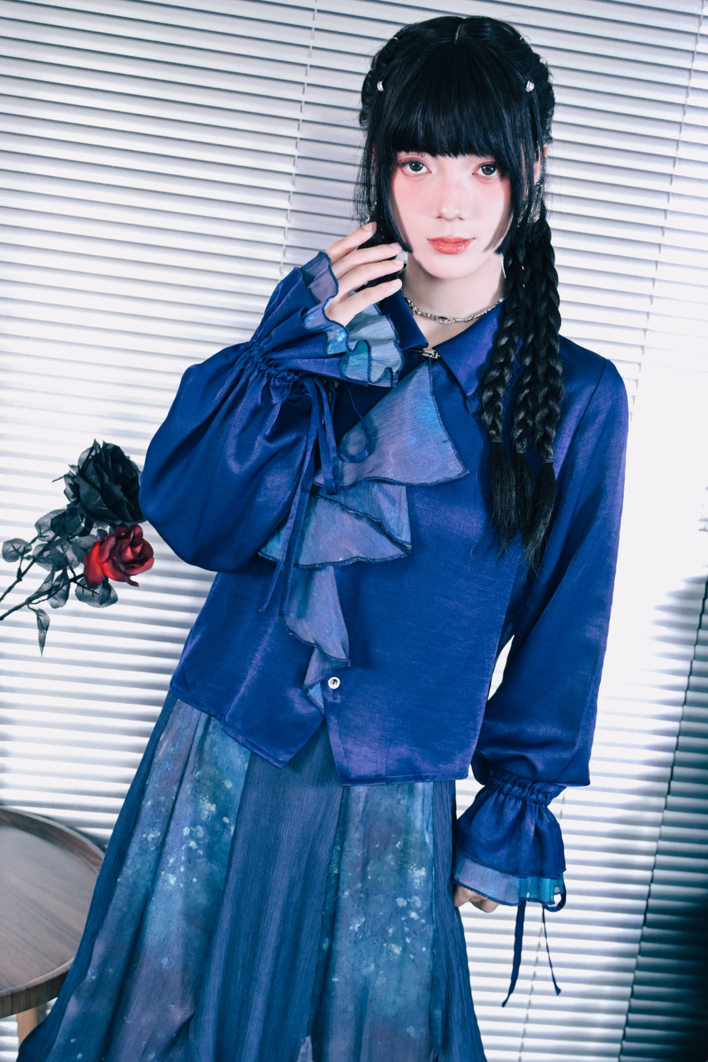 Blue World Floating Light Splice Ruffle Lantern Sleeve Shirt