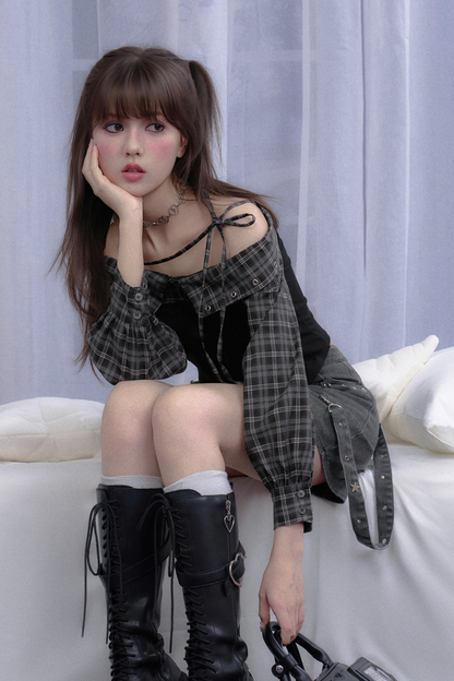 チェックオフショルダーシャツトップス