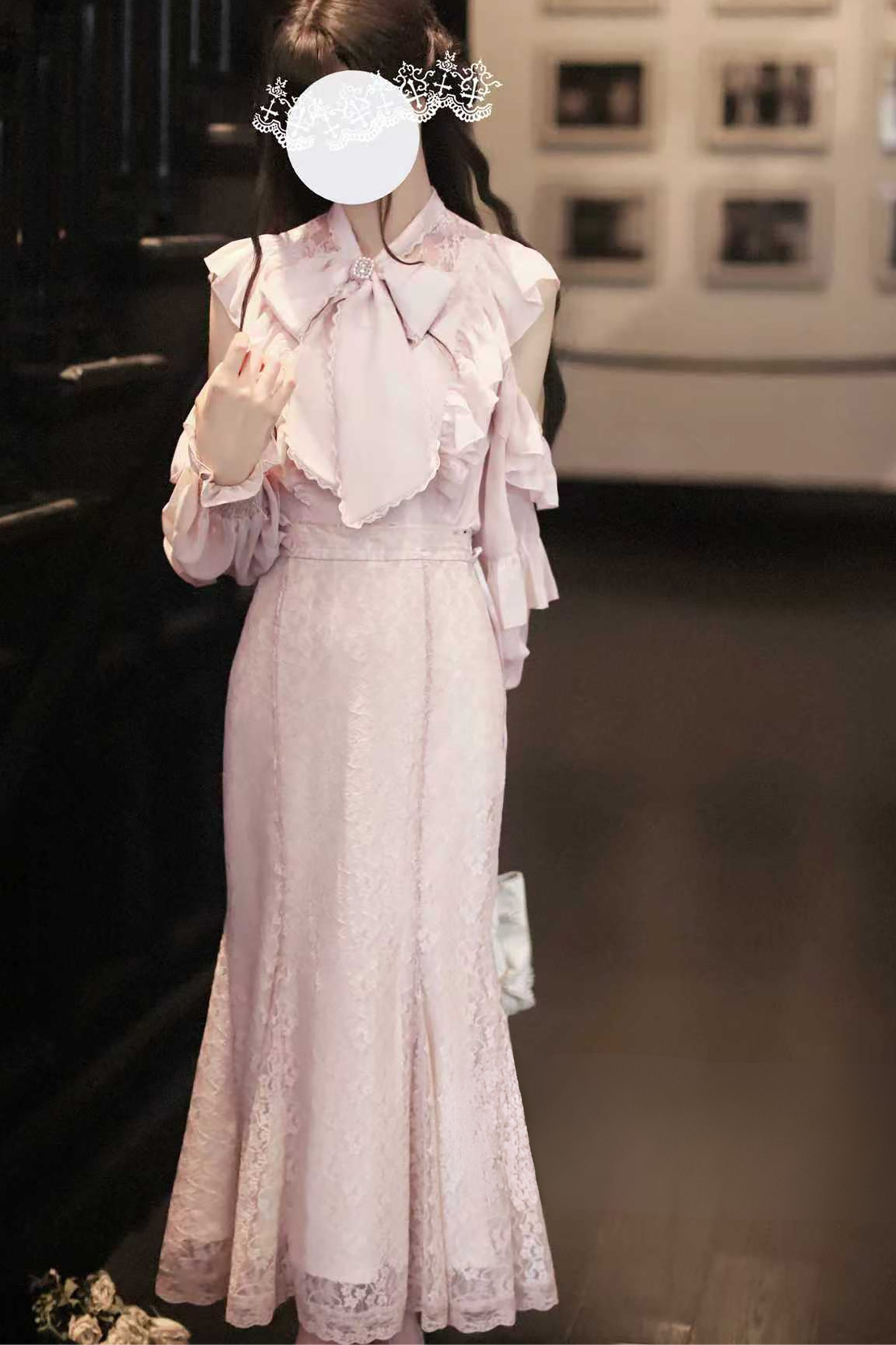 エレガントクリアシフォンビッグリボンシャツ+マーメイドスカート