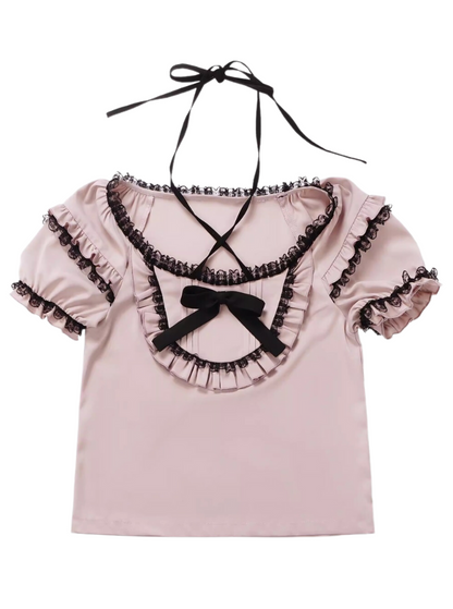 Cross Ribbon Frill Top + Frill Shoulder Pearl Ribbon Tiered Dress
