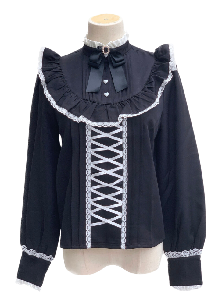 Lace Stand Collar Ruffle Mine Ribbon Shirt