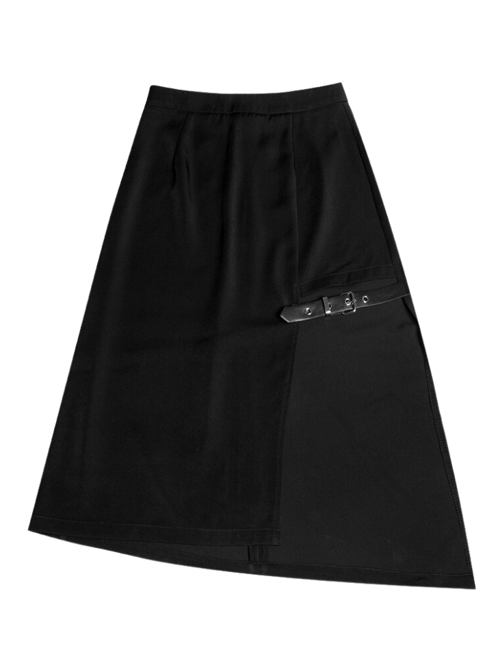 Leather Buckle Asymmetric Split Long Skirt