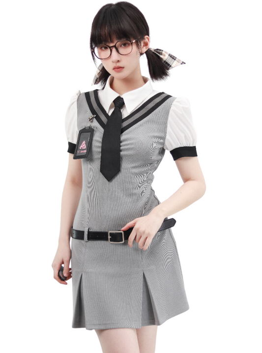 Tie Collar Puff Sleeve Belt Layered Dress Uniform Outfit