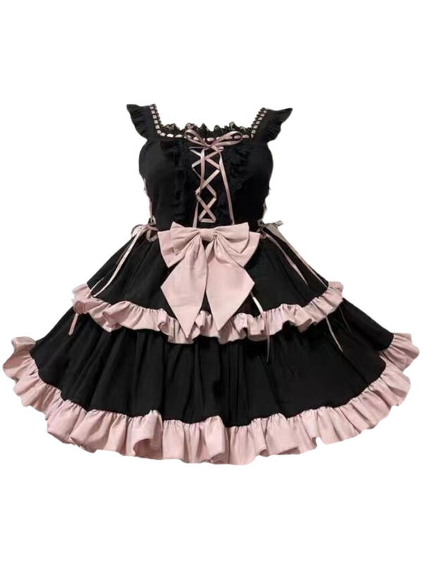 Lolita Black Pink Ruffled Shoulder Lace-up Tiered Dress