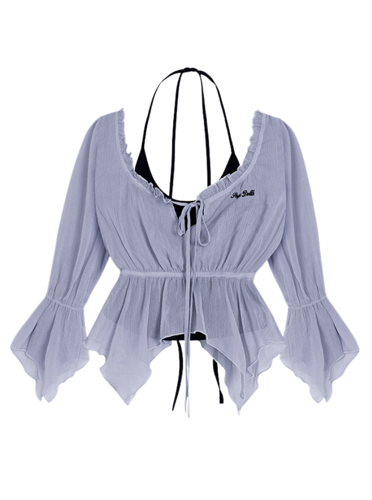 Romantic Cross Ribbon Cami &amp; Sheer Frill Fairy Layered Top