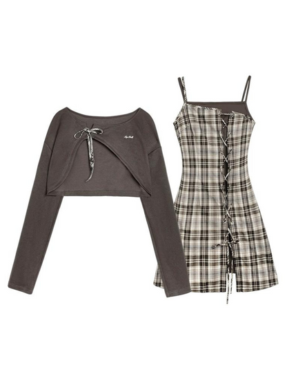 Logo Sweat Top + Check Lace-Up Camisole Dress