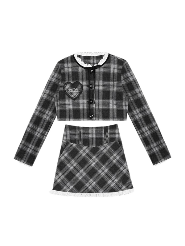 Dark-colored check jacket + lace check skirt