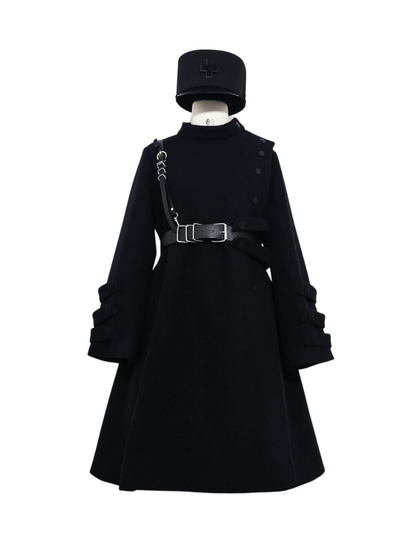 深黑色中长款羊毛大衣 + 腰带 [保留产品]。