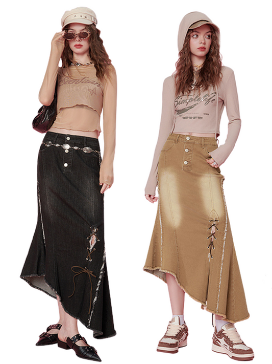 SEENFAAN blooms autumn and winter skirts to wear 2023 new mid-length hip fishtail a-line denim skirt women
