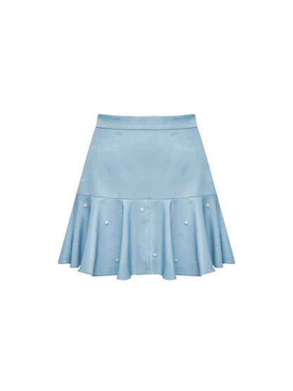 Light Blue High Waist Slim Beaded Ruffle Skirt