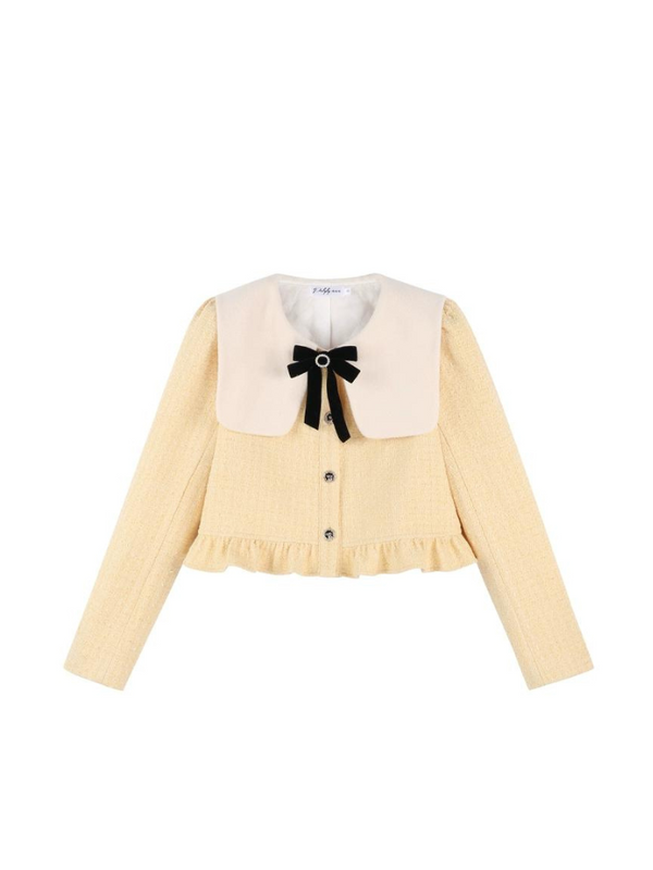 Pastel yellow ribbon collar short jacket + flared skirt