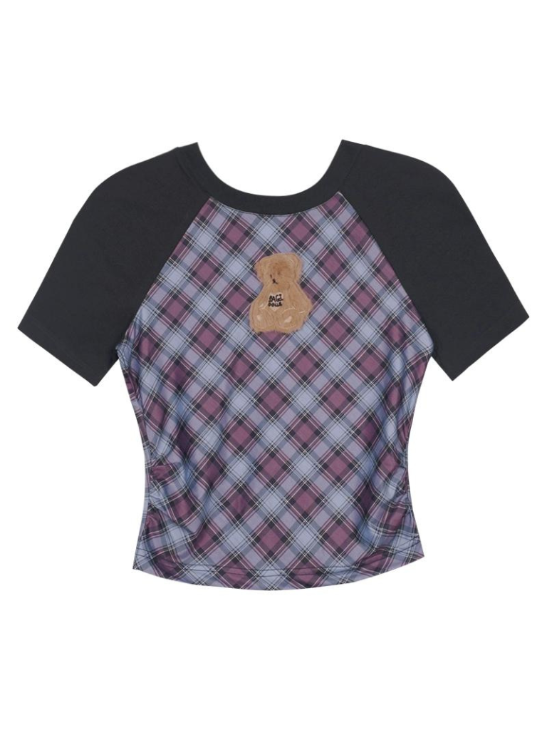 T-shirt raglan avec ours en peluche à carreaux blanc, bleu et violet