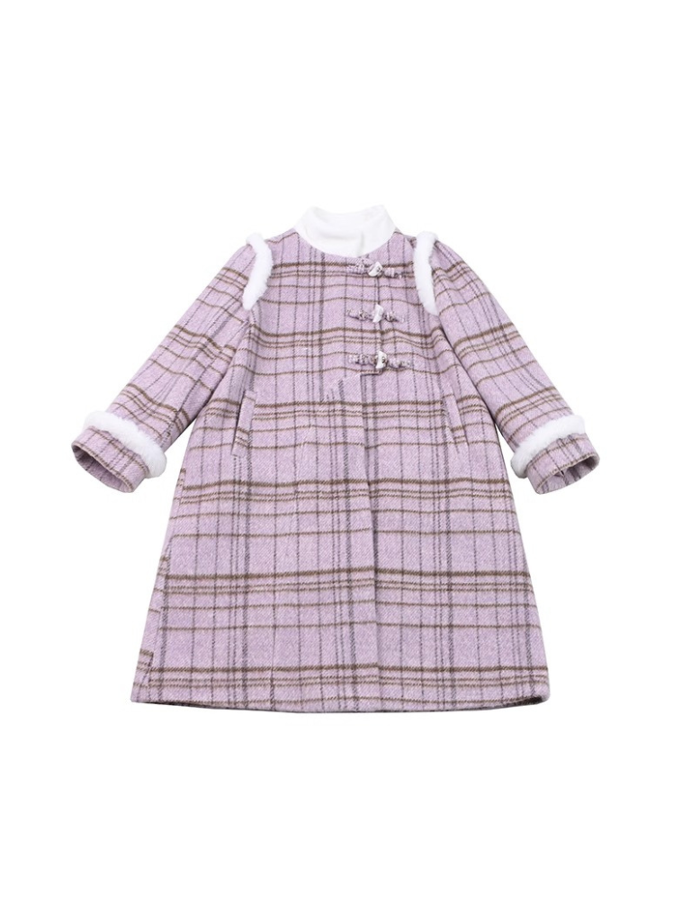 Purple Horn Button Check Stand Collar Wool Coat