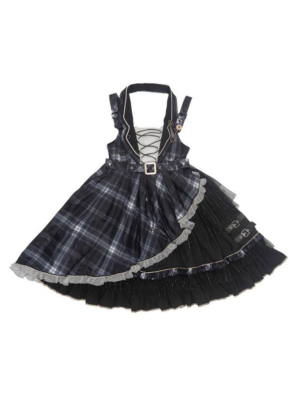 アシメチェックネックストラップワンピース