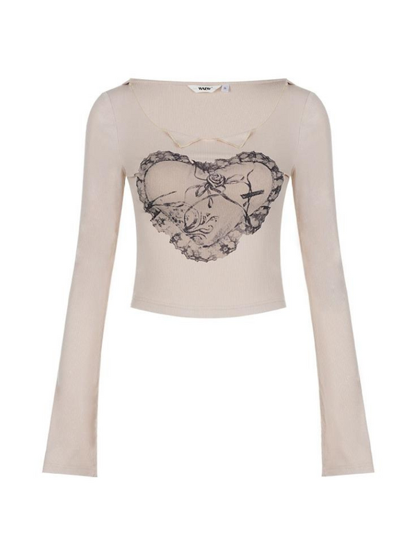 フレアスリーブラブプリントパーカートップス