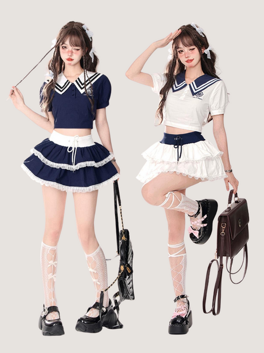 kellykitty Sweet Sailor JK Sailor Suit Women's Summer White Slimming Top A-Line Skirt