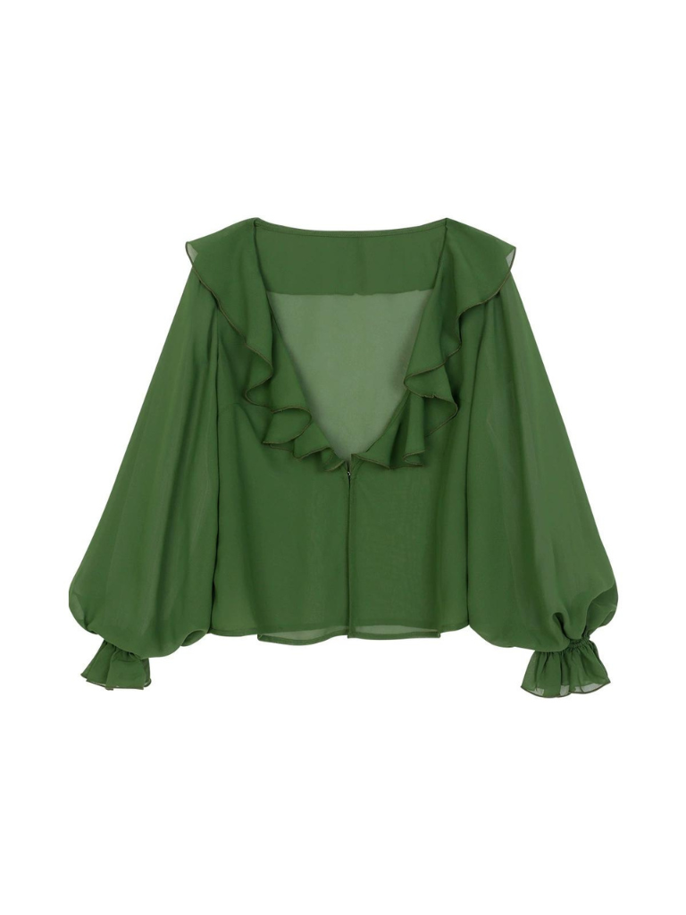 Innovative Green Ruffle Chaina Three Piece Suit