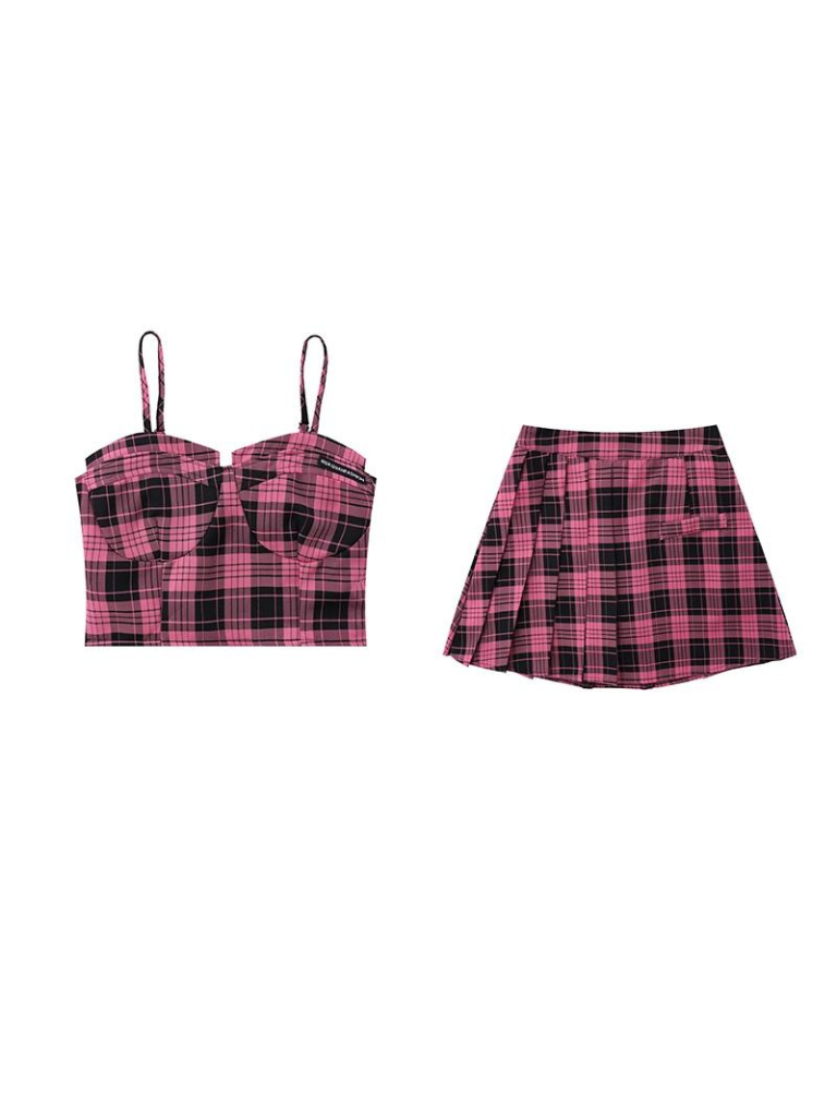 College Style Checked Suspender Top + Skirt