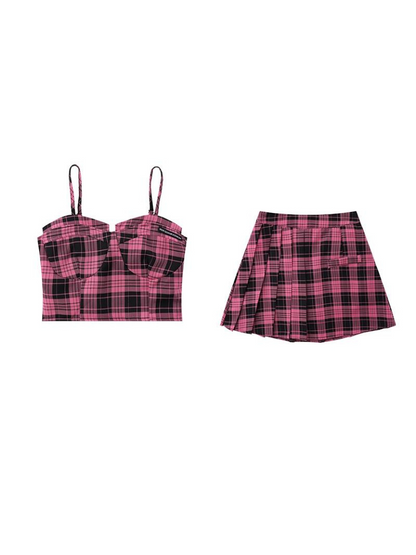 College Style Checked Suspender Top + Skirt