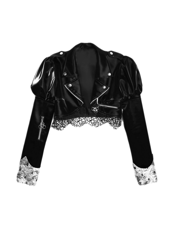 Punk PU Short Mesh Lace Splicing Leather Jacket