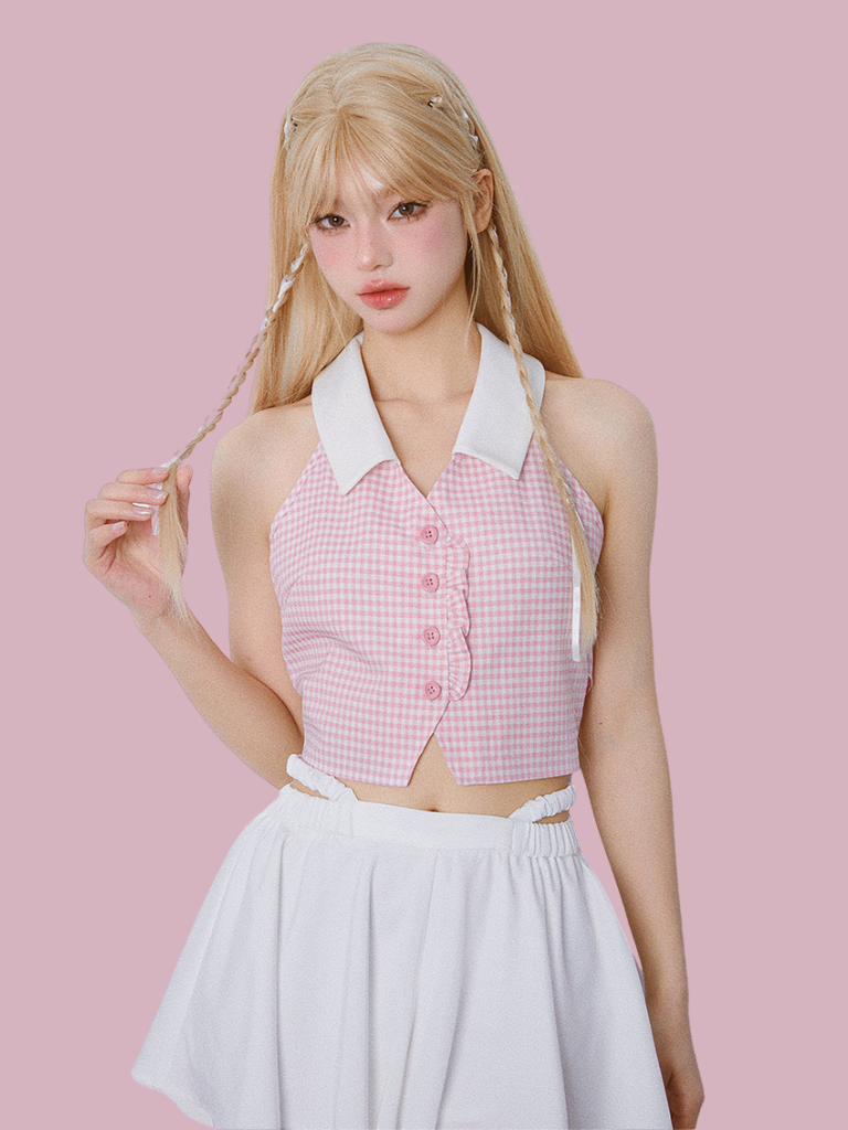 Retro Sleeveless Pink Check Halter Neck Backless Top