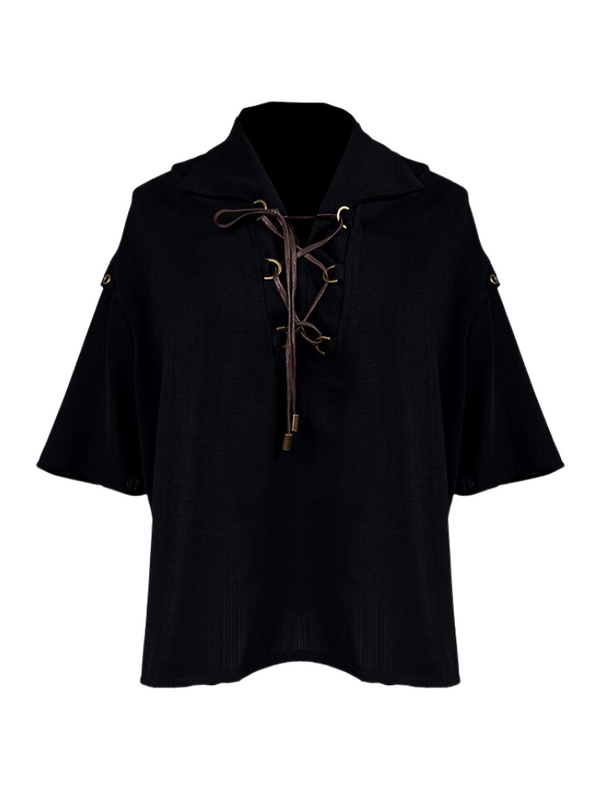 スチームコンチネンタルレトロパイレーツブラックシフォンルーズラペルストラップシャツ