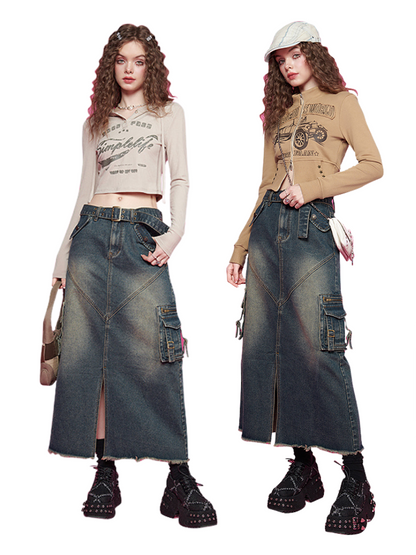 Front slit long denim skirt