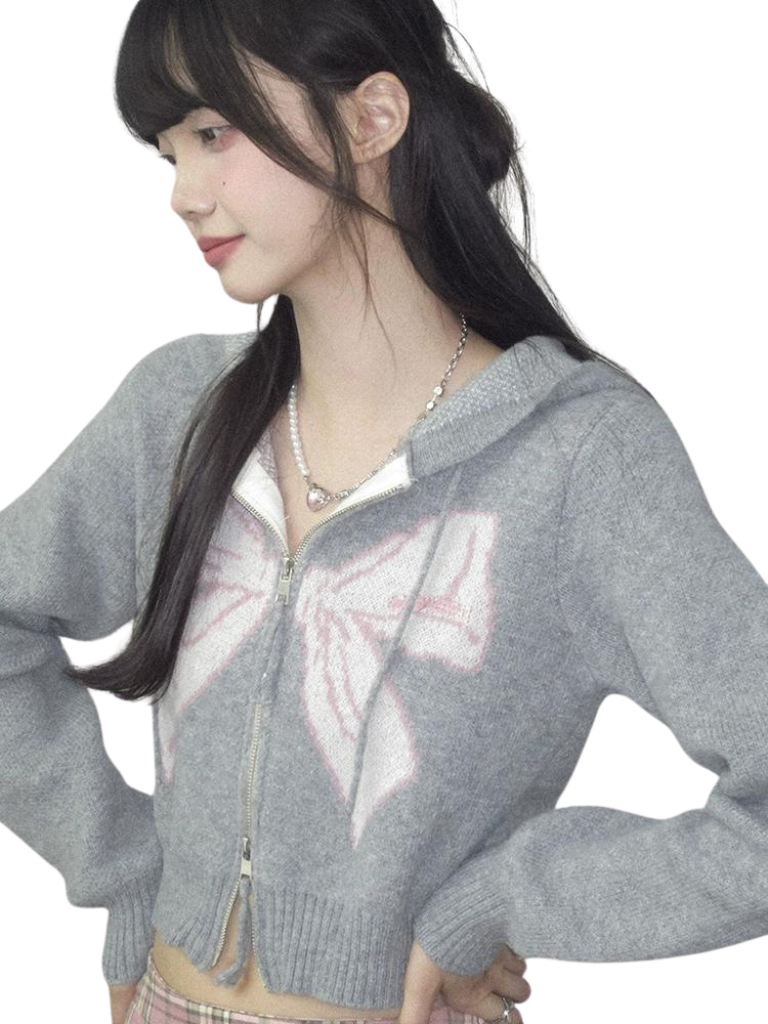 Ribbon Print Hoodie Short Knit Cardigan