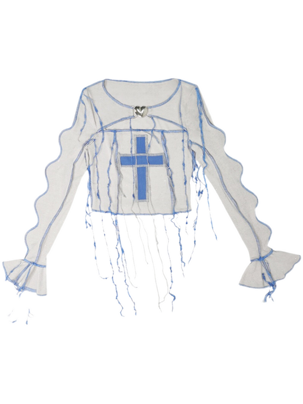 Y2K Cross Tassel Streamer Knit Top