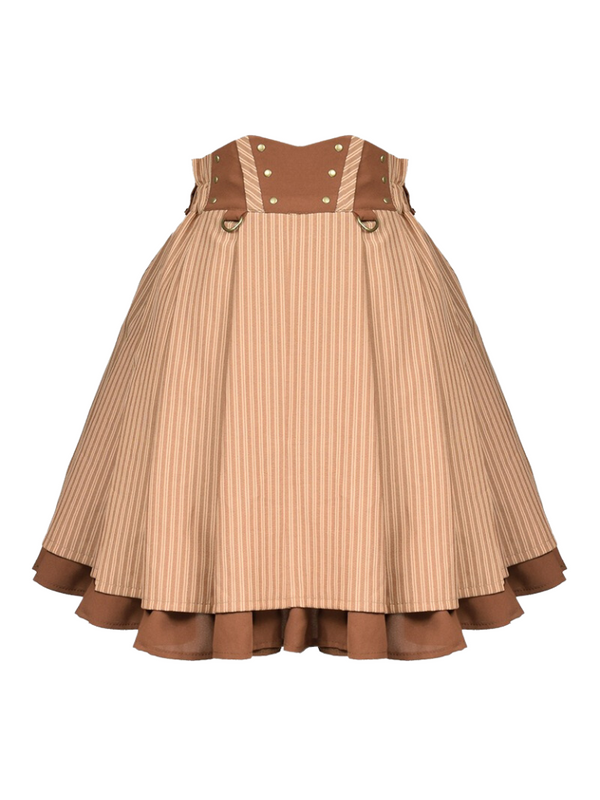 Steam Retro Orange Brown Stripe Ruffle Layered Skirt