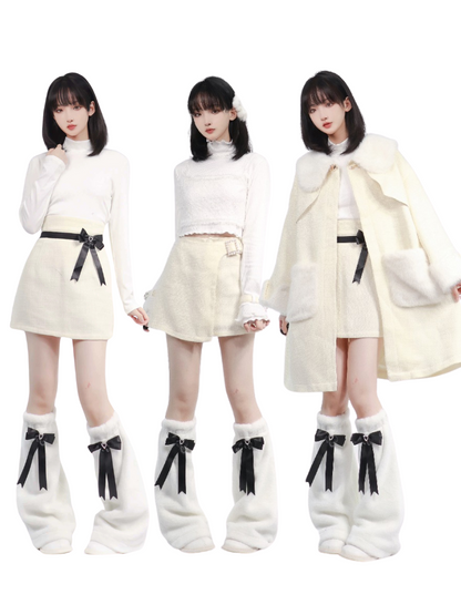 Pure White Snow Fur Jacket Top Skirt Leg Warmer Set