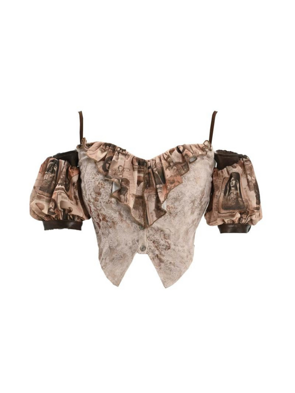 Retro Team Punk Mesh Puff Sleeve Off Shoulder Suspender Top